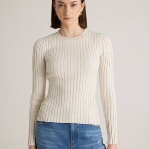 Quince Cotton Cashmere Ribbed Long Sleeve Sweater Heather Bone Cream Women Large